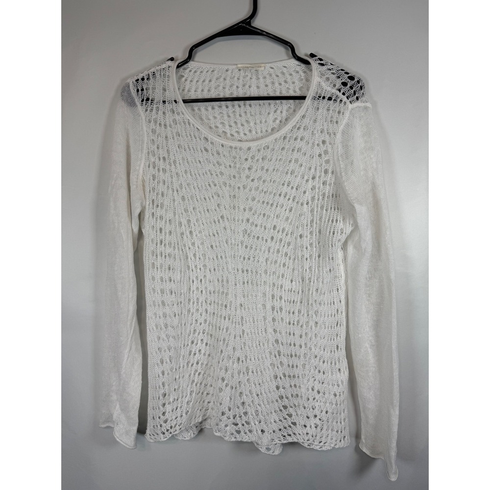 Eileen Fisher Womens White Open Knit Crochet Long Sleeve Scoop Neck Top Size M